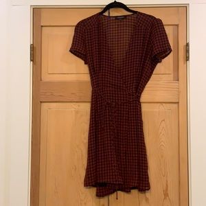 Maroon and black gingham wrap dress